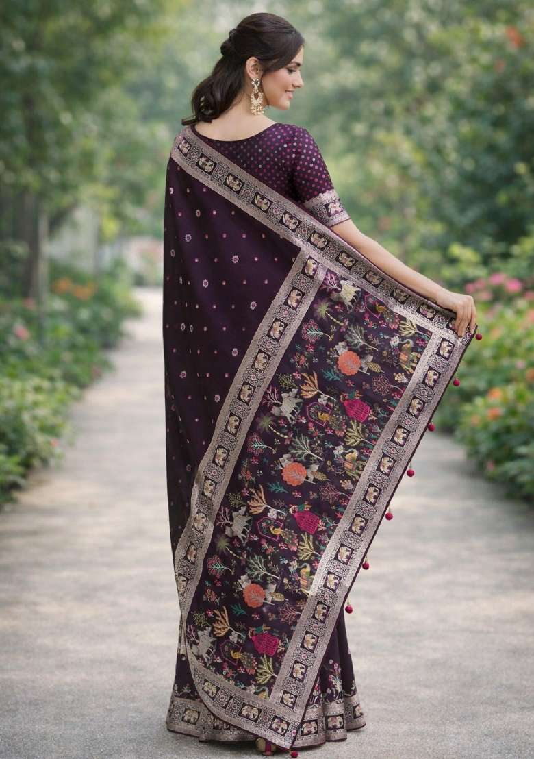 Wine Embroidered Banarasi Silk Blend Saree Set - Indya