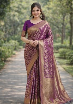 Wine Embroidered Banarasi Silk Blend Saree Set
