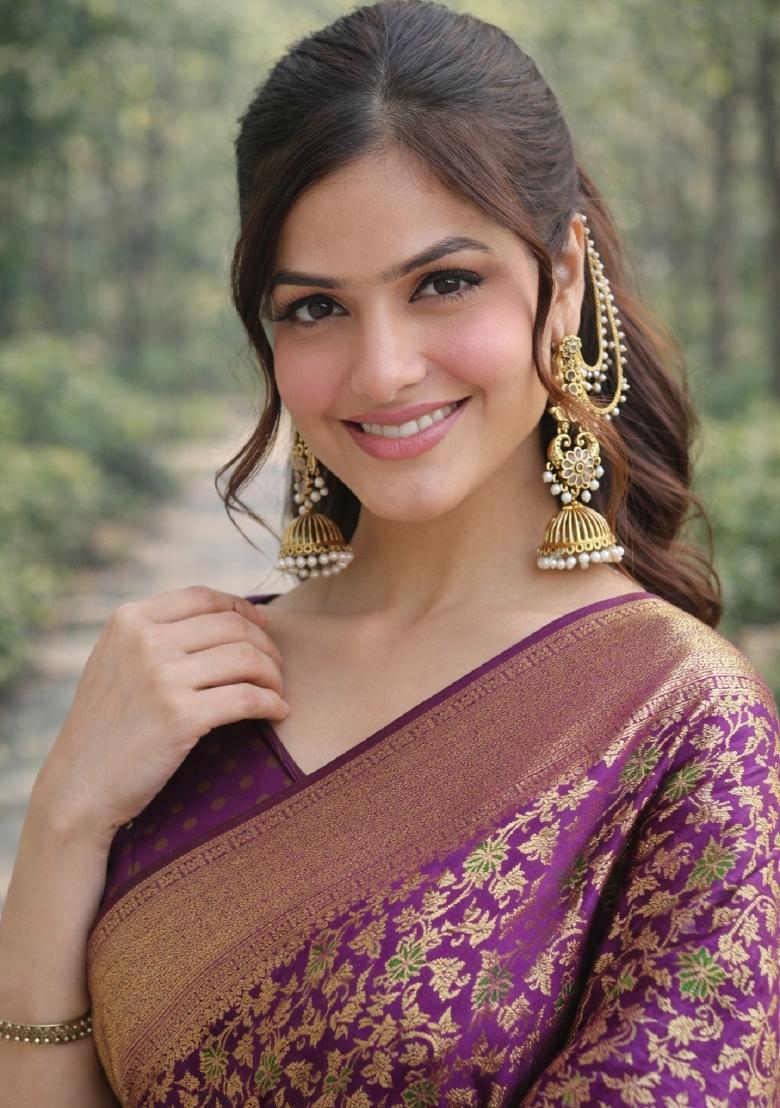 Wine Embroidered Banarasi Silk Blend Saree Set - Indya