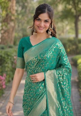 Teal Embroidered Banarasi Silk Blend Saree Set