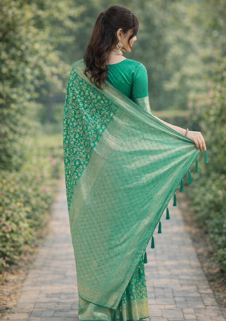 Teal Embroidered Banarasi Silk Blend Saree Set - Indya