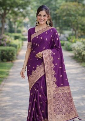 Wine Embroidered Banarasi Silk Blend Saree Set