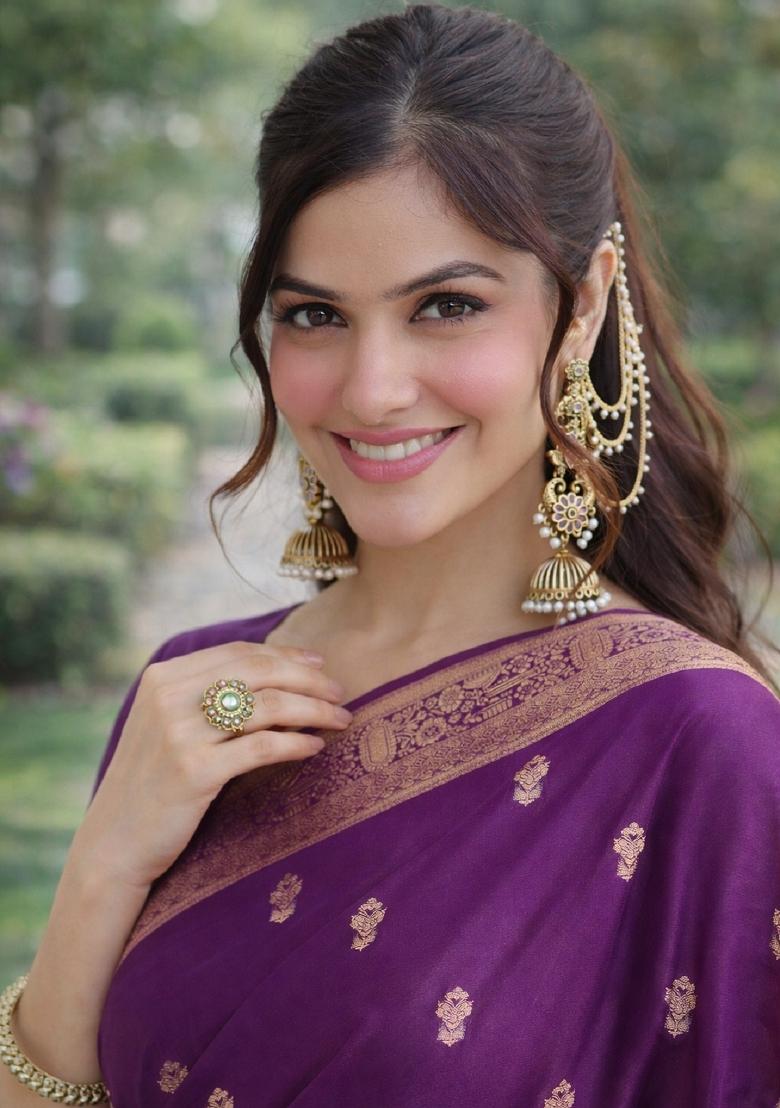 Wine Embroidered Banarasi Silk Blend Saree Set - Indya