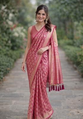 Pink Embroidered Banarasi Silk Blend Saree Set