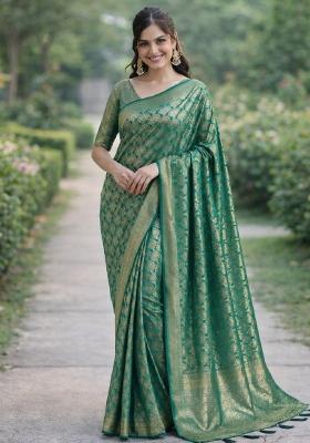 Teal Embroidered Banarasi Silk Blend Saree Set