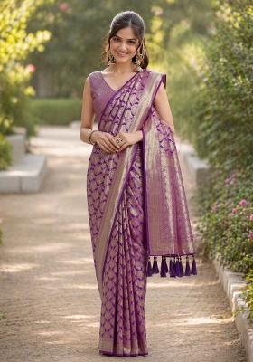 Wine Embroidered Banarasi Silk Blend Saree Set