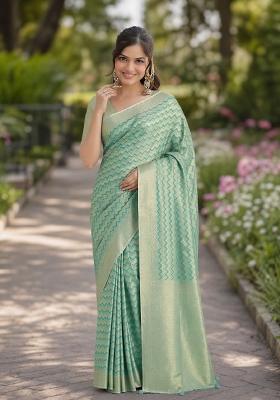 Turquoise Embroidered Banarasi Silk Blend Saree Set