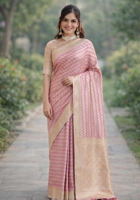 Lavender Embroidered Banarasi Silk Blend Saree Set