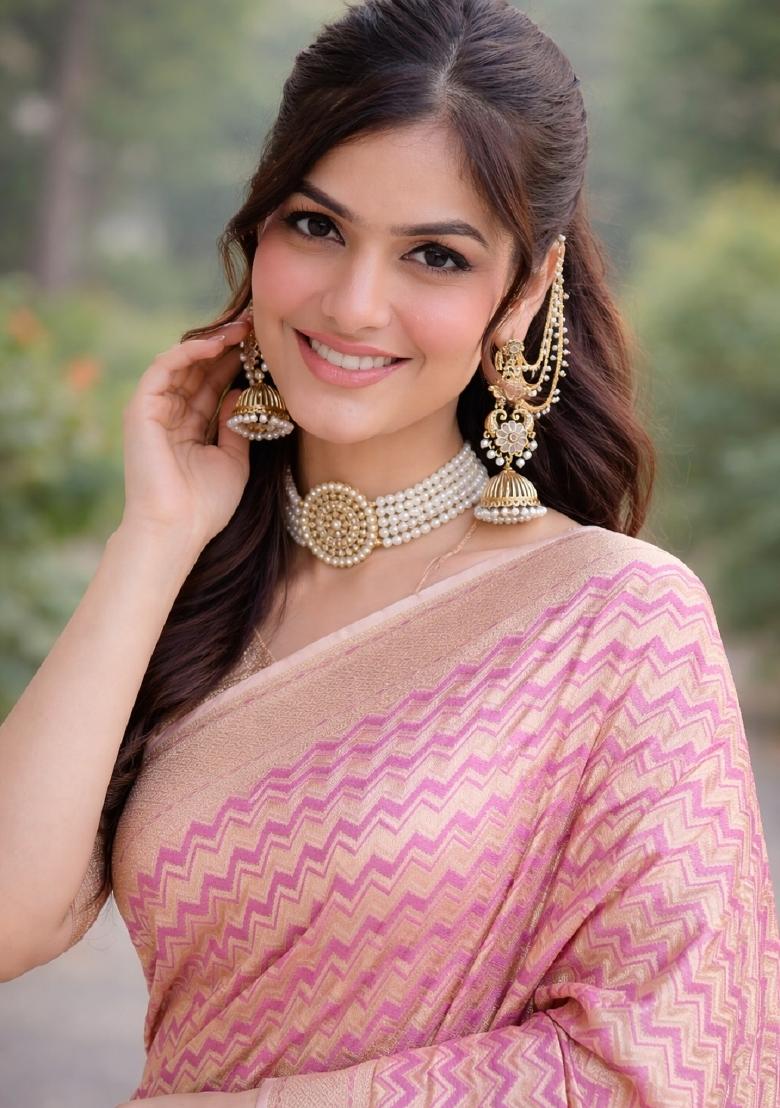 Lavender Embroidered Banarasi Silk Blend Saree Set - Indya