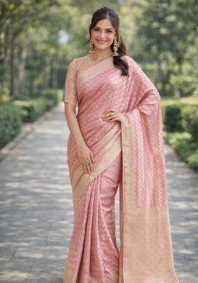 Pink Embroidered Banarasi Silk Blend Saree Set