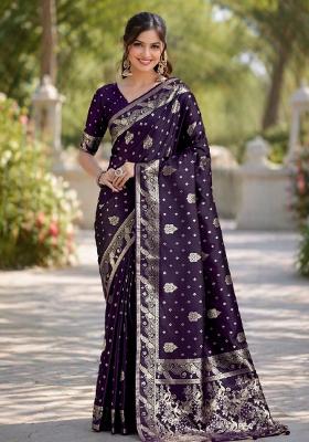Plum Embroidered Banarasi Silk Blend Saree Set
