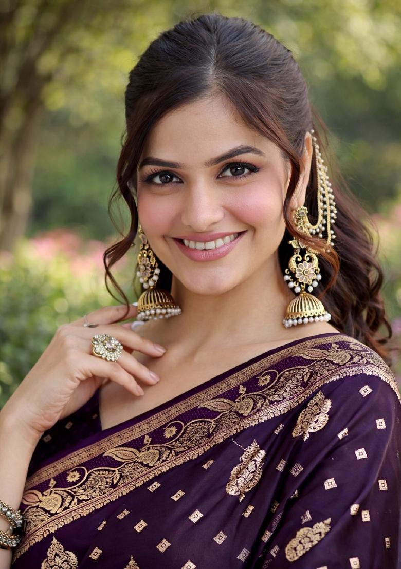 Plum Embroidered Banarasi Silk Blend Saree Set - Indya