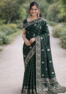 Green Embroidered Banarasi Silk Blend Saree Set