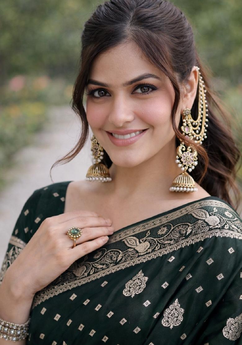 Green Embroidered Banarasi Silk Blend Saree Set - Indya