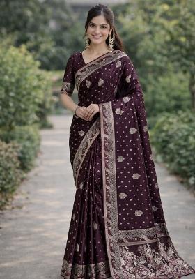 Wine Embroidered Banarasi Silk Blend Saree Set