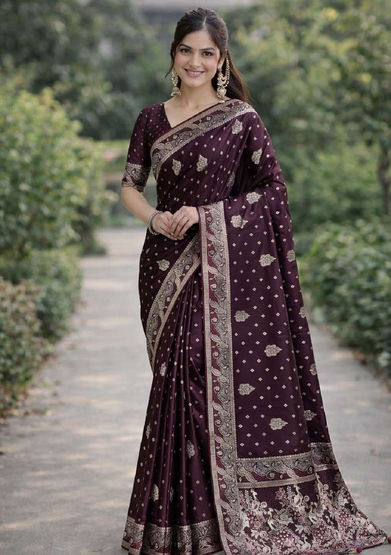 Wine Embroidered Banarasi Silk Blend Saree Set - Indya