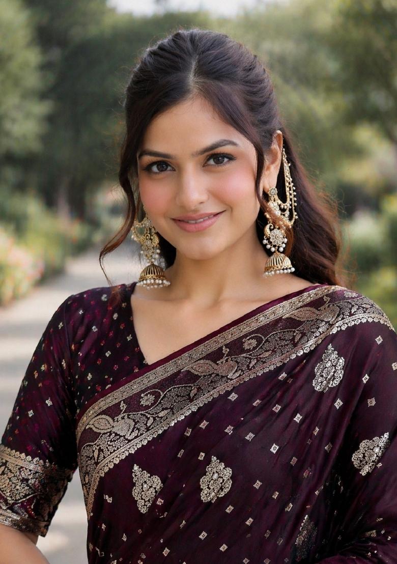 Wine Embroidered Banarasi Silk Blend Saree Set - Indya