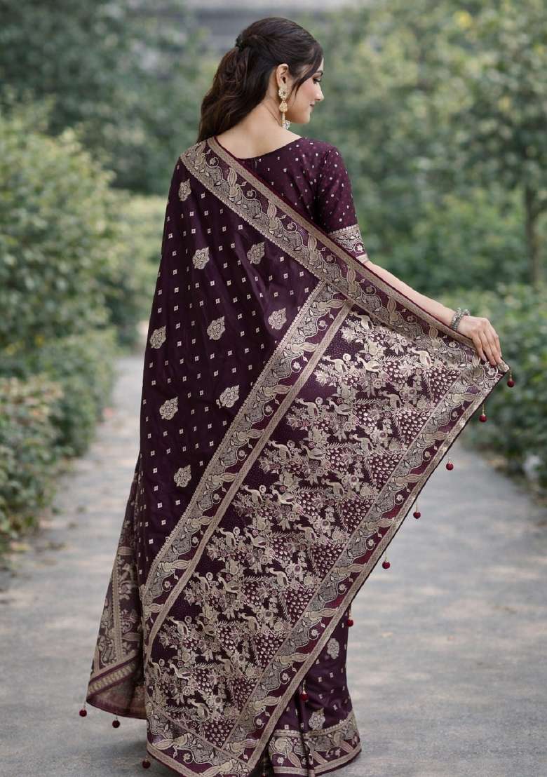Wine Embroidered Banarasi Silk Blend Saree Set - Indya