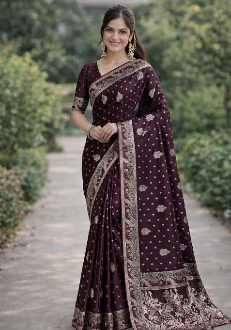 Wine Embroidered Banarasi Silk Blend Saree Set