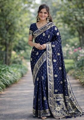 Blue Embroidered Banarasi Silk Blend Saree Set