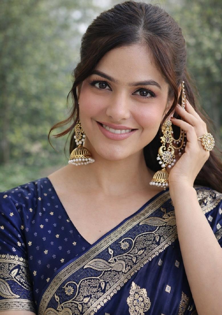 Blue Embroidered Banarasi Silk Blend Saree Set - Indya