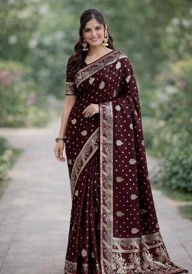 Maroon Embroidered Banarasi Silk Blend Saree Set