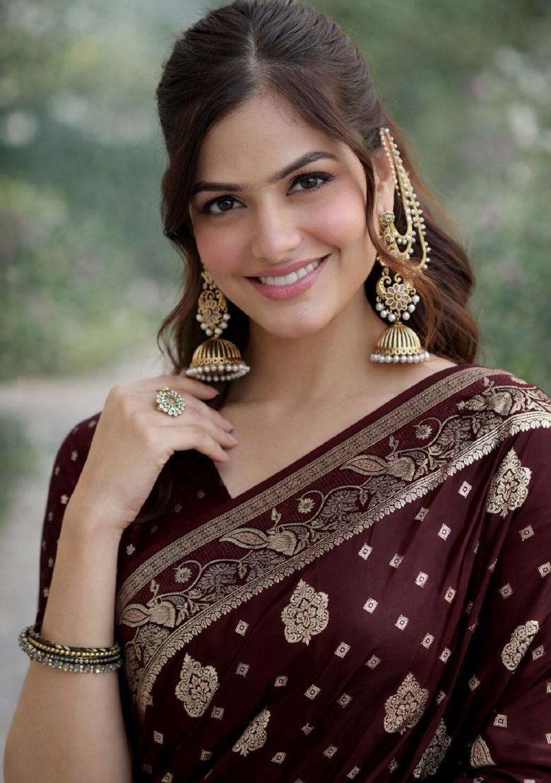 Maroon Embroidered Banarasi Silk Blend Saree Set - Indya