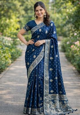 Turquoise Embroidered Banarasi Silk Blend Saree Set