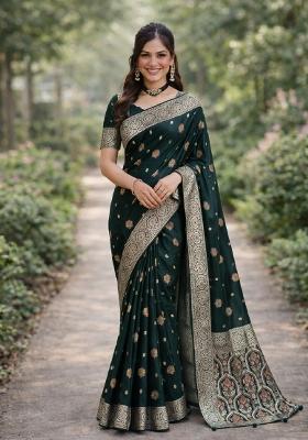 Green Embroidered Banarasi Silk Blend Saree Set