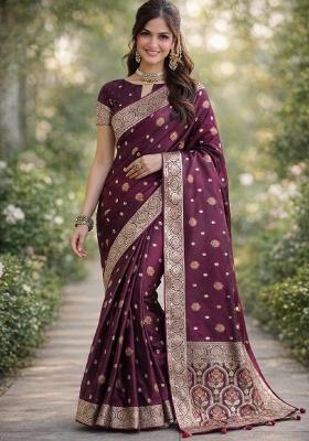 Wine Embroidered Banarasi Silk Blend Saree Set
