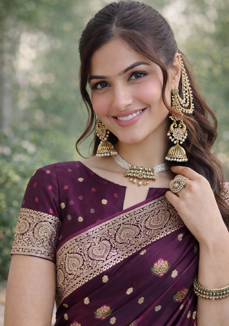 Wine Embroidered Banarasi Silk Blend Saree Set - Indya