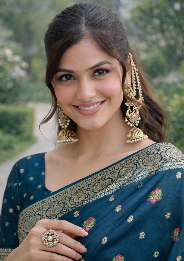 Turquoise Embroidered Banarasi Silk Blend Saree Set - Indya