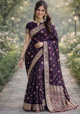 Plum Embroidered Banarasi Silk Blend Saree Set