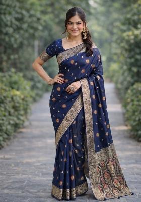 Blue Embroidered Banarasi Silk Blend Saree Set