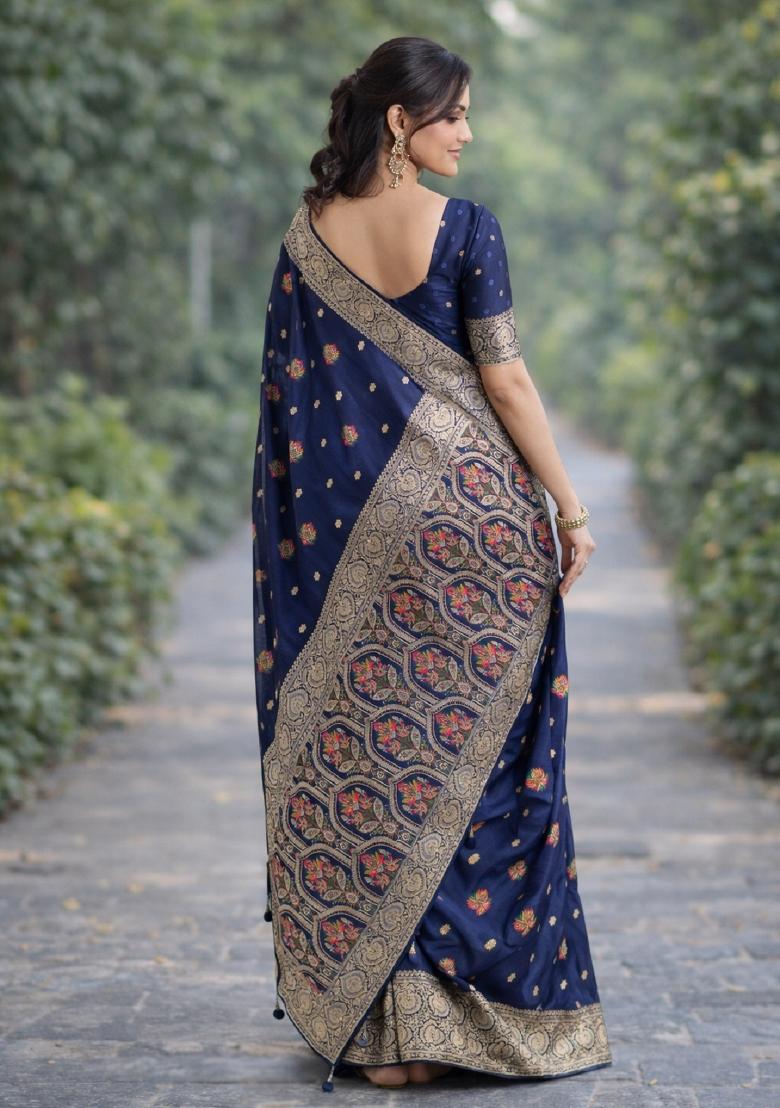 Blue Embroidered Banarasi Silk Blend Saree Set - Indya