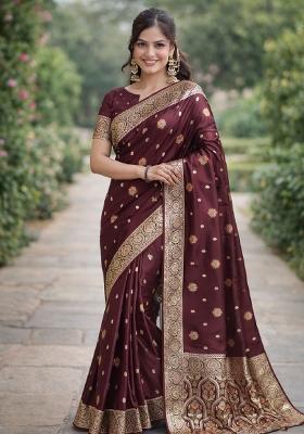 Maroon Embroidered Banarasi Silk Blend Saree Set