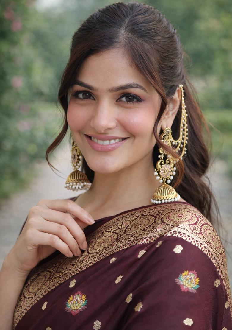 Maroon Embroidered Banarasi Silk Blend Saree Set - Indya