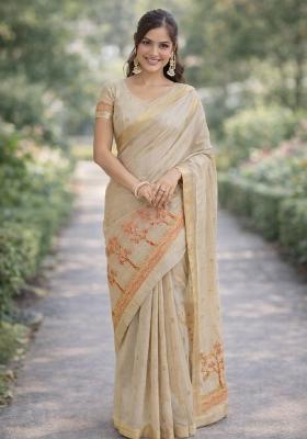 Off White Embroidered Banarasi Silk Blend Saree Set