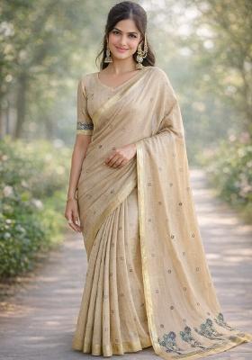 Off White Embroidered Banarasi Silk Blend Saree Set