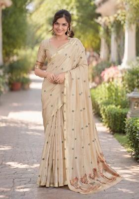 Off White Embroidered Banarasi Silk Blend Saree Set