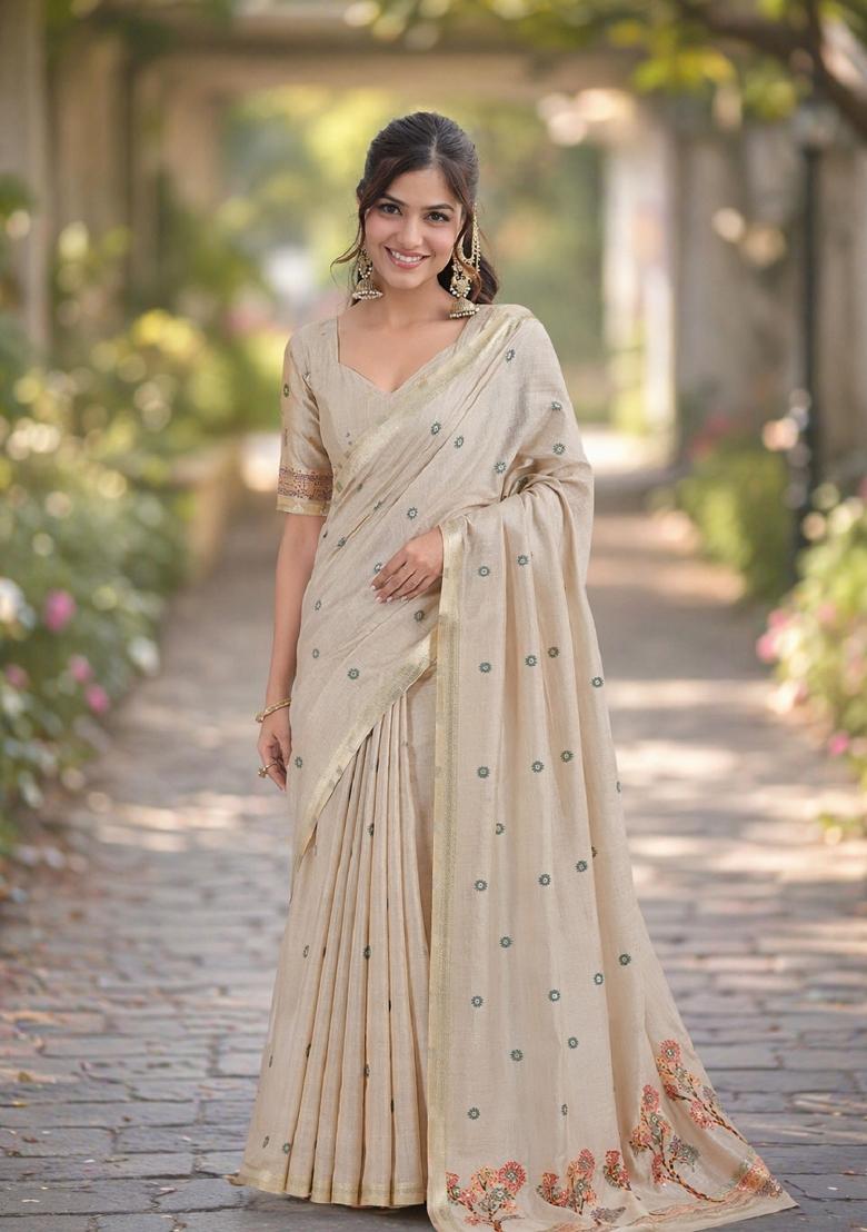 Off White Embroidered Banarasi Silk Blend Saree Set - Indya