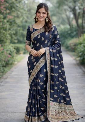 Blue Embroidered Banarasi Silk Blend Saree Set