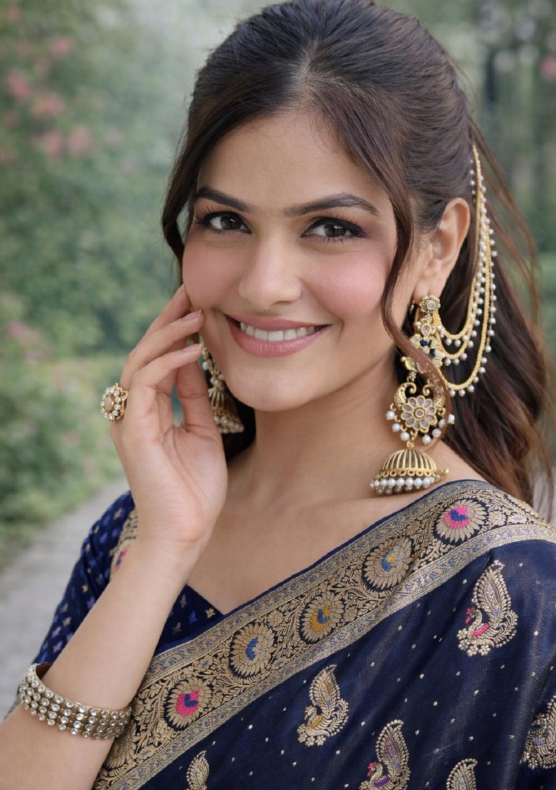 Blue Embroidered Banarasi Silk Blend Saree Set - Indya