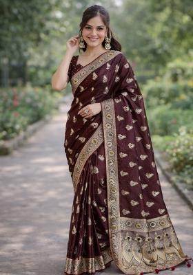 Maroon Embroidered Banarasi Silk Blend Saree Set