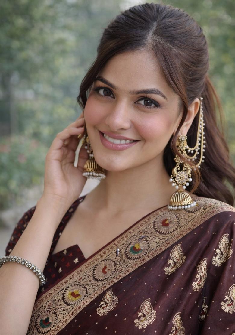 Maroon Embroidered Banarasi Silk Blend Saree Set - Indya