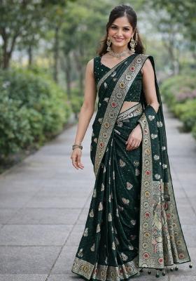 Green Embroidered Banarasi Silk Blend Saree Set