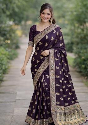 Plum Embroidered Banarasi Silk Blend Saree Set