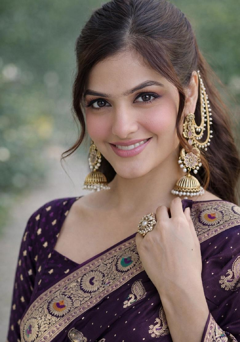 Plum Embroidered Banarasi Silk Blend Saree Set - Indya