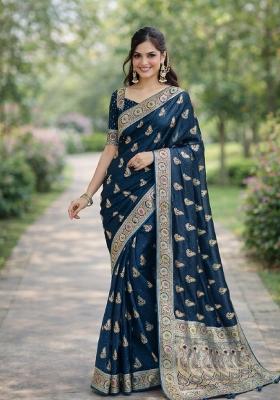 Turquoise Embroidered Banarasi Silk Blend Saree Set