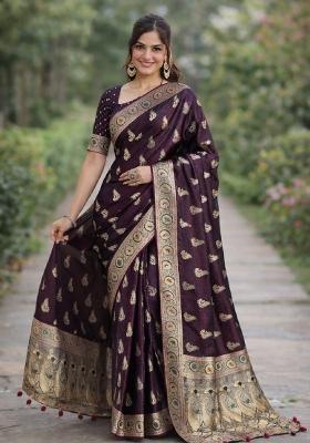 Wine Embroidered Banarasi Silk Blend Saree Set